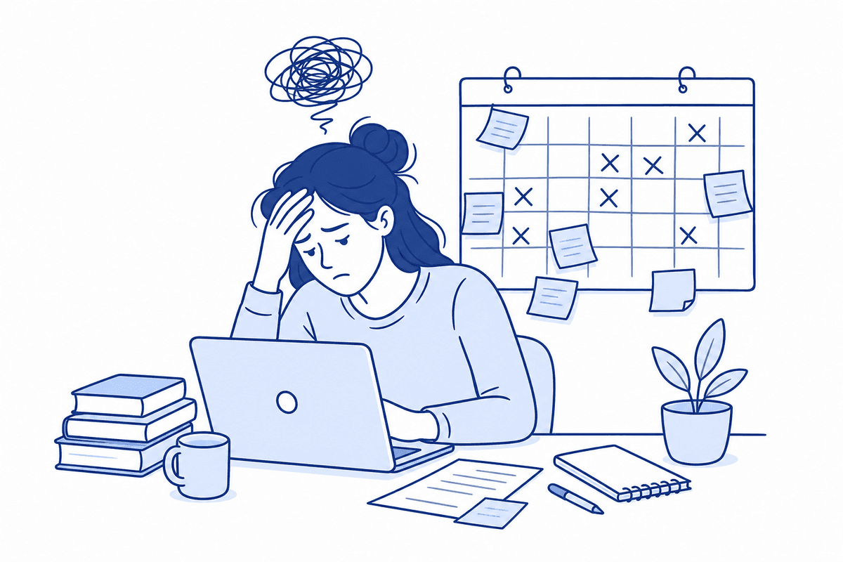 Tutor stressed at a messy calendar while trying to reschedule lessons